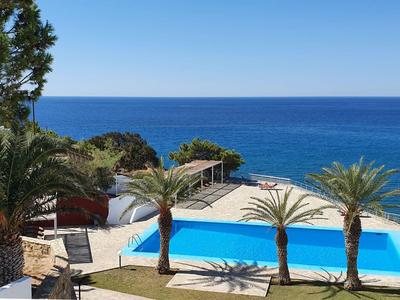 Piscina con palme e vista sul mare in una giornata soleggiata.
