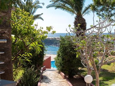 Sentiero verso una piscina con palme e vista sul mare sullo sfondo.