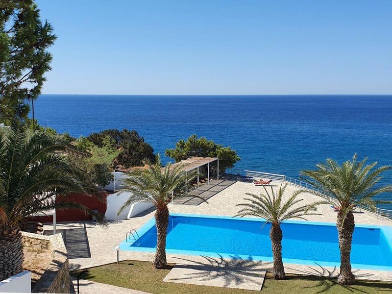 Piscina con palmeras y vista al mar en un día soleado en el hotel.