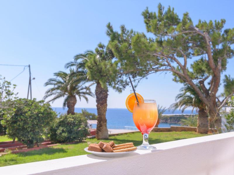 Cóctel y galletas en balcón con vista a jardín, mar y cielo despejado.