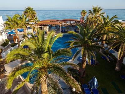 View of a hotel pool with palm trees and direct sea view under sunshine.