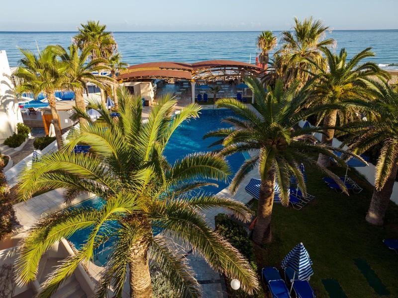View of a hotel pool with palm trees and direct sea view under sunshine.
