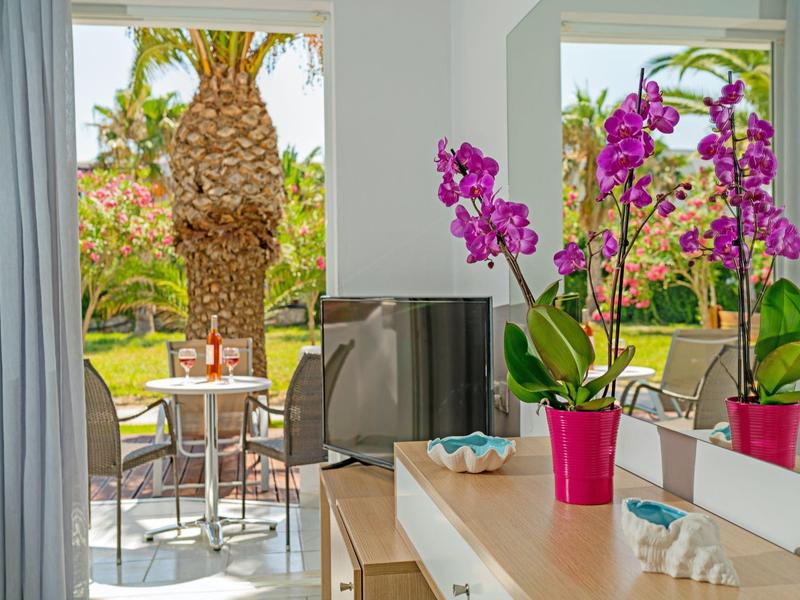 Chambre lumineuse avec table, chaises et vue sur un jardin avec un palmier et des orchidées en fleurs.