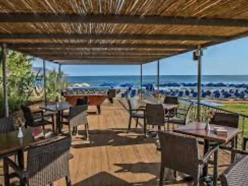 Terrasse couverte avec tables et chaises sur la plage, vue sur la mer et parasols.