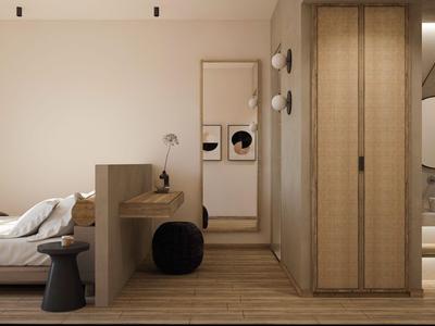 Modern hotelkamer met bed, kast, wasmachine en badkamer in neutrale tinten.