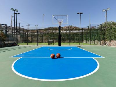 Campo da basket vuoto con superficie di gioco blu e due palloni al centro sotto un cielo sereno