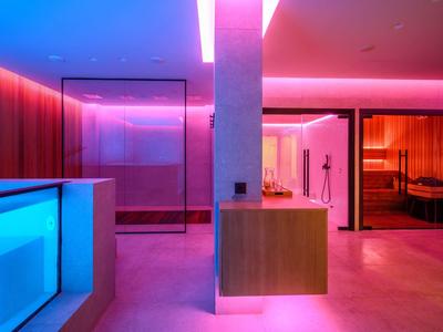 Area benessere moderna con sauna e piscina illuminata a colori.