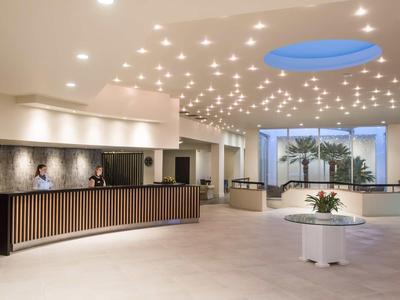 Area reception moderna e luminosa con banco accoglienza e piante.