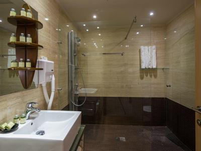 Modernes Badezimmer mit Dusche, Waschbecken und Wandregal mit Pflegeprodukten.