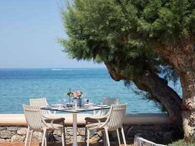 Freiluft-Tisch mit Stühlen unter einem Baum mit Blick auf das Meer.