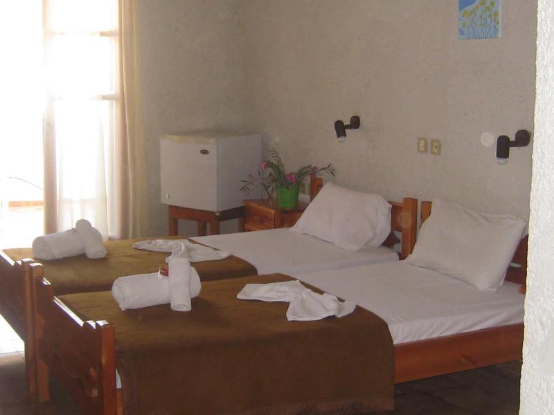 A simple hotel room with two beds, brown blankets, and fresh towels.