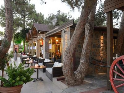 Pohodlné venkovní posezení vedle kamenné restaurace v zalesněné oblasti.