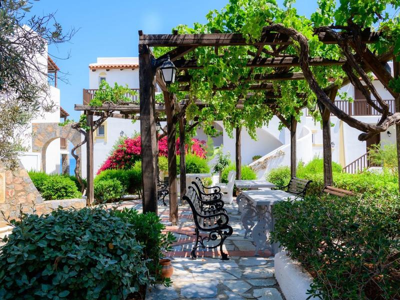 Słoneczny taras z pergolami porośniętymi winoroślą i kutymi żelaznymi krzesłami w ogrodzie śródziemnomorskim.