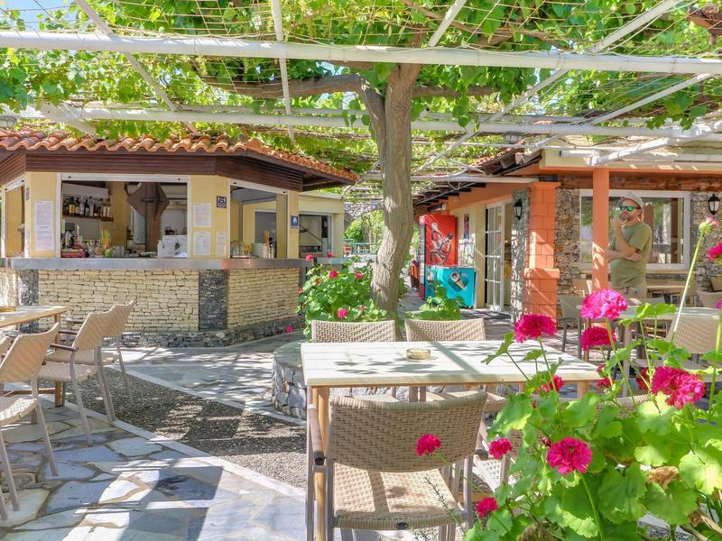 Slunečná terasa se stoly, židlemi a barevnými květinami před venkovním barem.