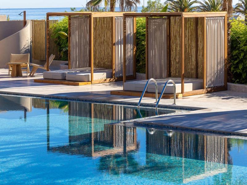 Área de piscina moderna con tumbonas de madera y separadores, rodeada de palmeras y plantas verdes.