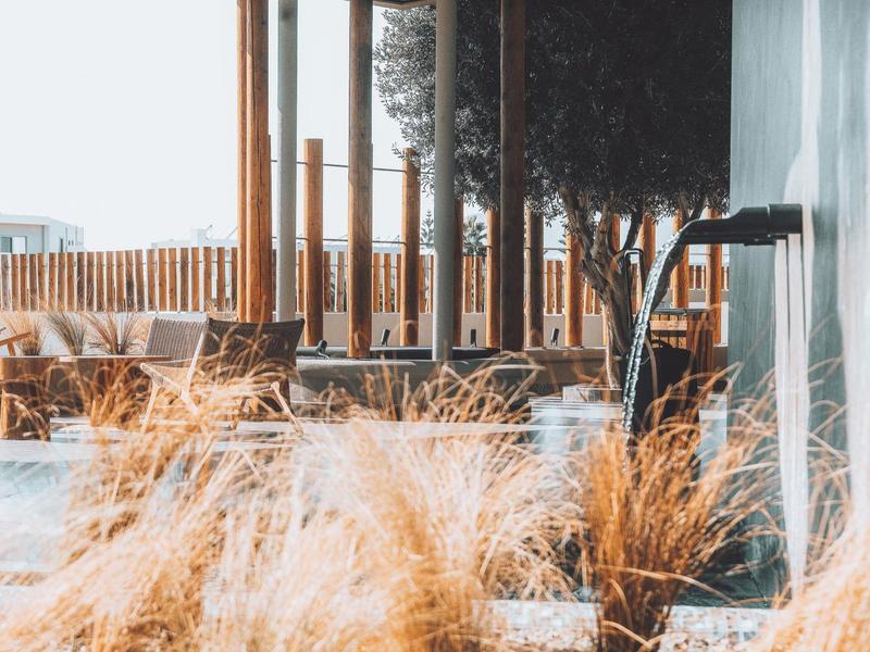 Área exterior moderna con listones de madera verticales y hierba seca para hotel o vacaciones.