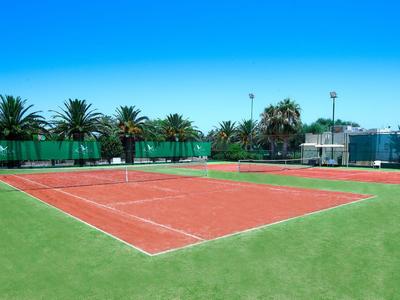 Freiluft-Tennisplatz mit rotem Sand und umgeben von grünen Palmen und blauem Himmel