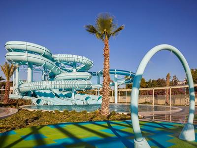 Parque acuático con grandes toboganes azules y una palmera tropical al fondo.