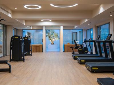 Gimnasio moderno con cintas de correr y máquinas de fuerza, ventanas grandes y suelo de madera clara.