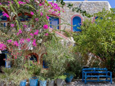 Stone house with blooming bougainvillea and trees in front of blue benches and pots.