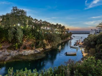Piccolo porto tranquillo con barche e vegetazione rigogliosa al tramonto.