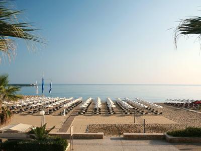 Plage de sable large avec rangées de chaises longues et palmiers au bord de la mer calme