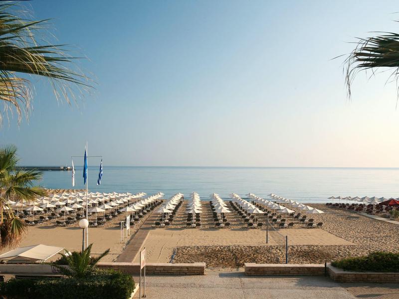 Plage de sable large avec rangées de chaises longues et palmiers au bord de la mer calme
