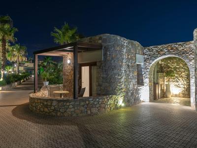 Entrada y terraza de piedra iluminadas en un hotel por la noche con palmeras al fondo.