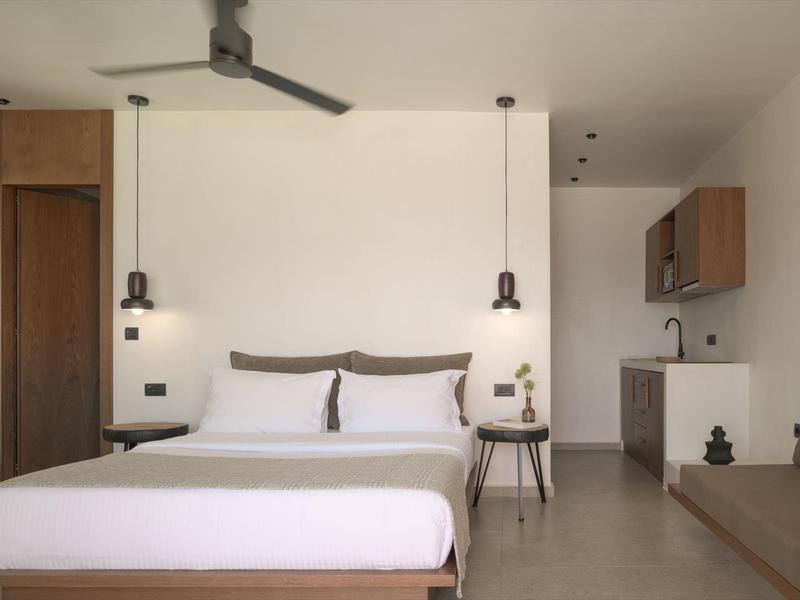 Minimalist bedroom with a large bed, wooden furniture, white walls, and modern lamps.