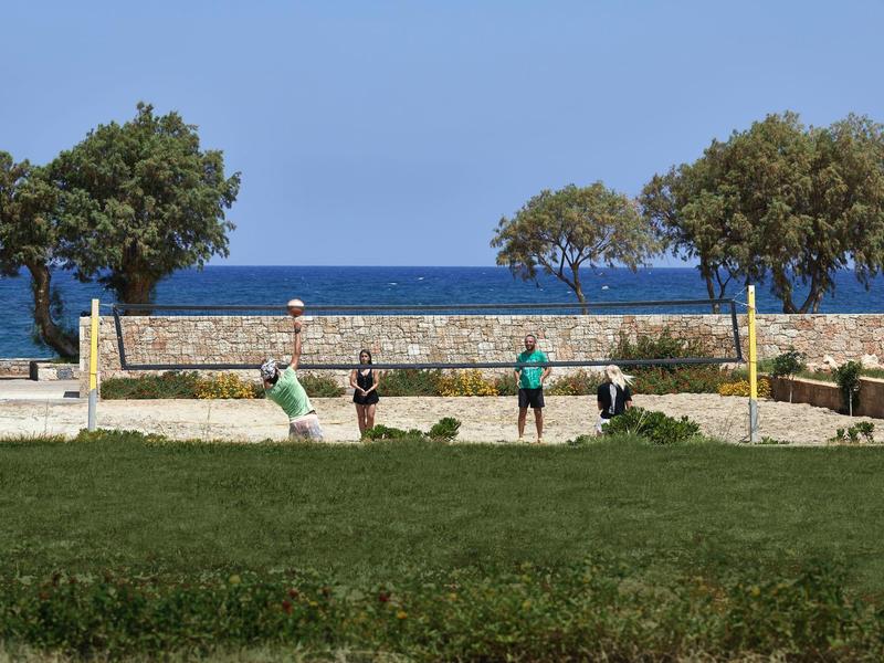 Grupo juega voleibol en cancha de arena con mar y árboles al fondo.