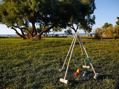 Zestaw do krokieta stoi na zielonej trawie w słońcu, w tle drzewa.
