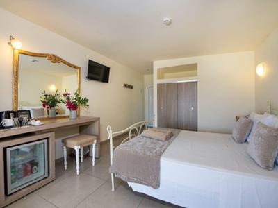 Jasny pokój hotelowy z łóżkiem podwójnym, dużym lustrem, mini lodówką i telewizorem z płaskim ekranem.