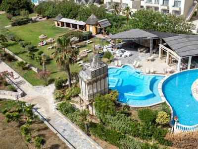 Kompleks hotelowy z basenem, palmami i leżakami w zadbanym ogrodzie.