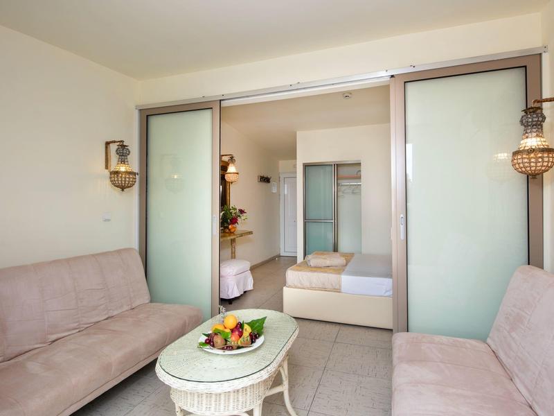 Salon z wygodnymi sofami, małym stolikiem i widokiem przez przesuwne drzwi do sypialni.