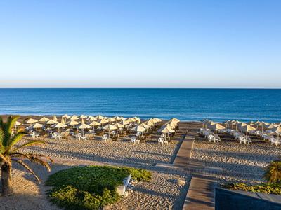Sandy beach with rows of sun loungers and umbrellas by the calm blue sea under clear sky.