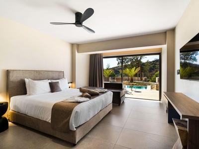 Moderne hotelkamer met groot bed, plafondventilator en uitzicht op zwembad en tuin.