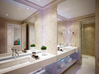 Moderne, helle Badezimmer mit großen Spiegeln, Doppelwaschbecken, Pflanzen und weichen Handtüchern.