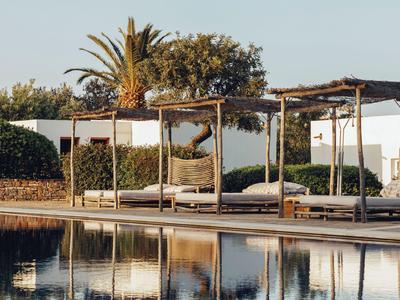 Area piscina moderna con lettini e pergolati in un giardino tranquillo.