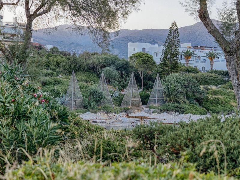 Jardin verdoyant avec parasols enroulés et arbres devant des montagnes et le ciel.