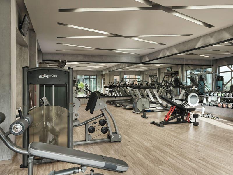 Gimnasio moderno con pesas, máquinas de ejercicio y grandes espejos.