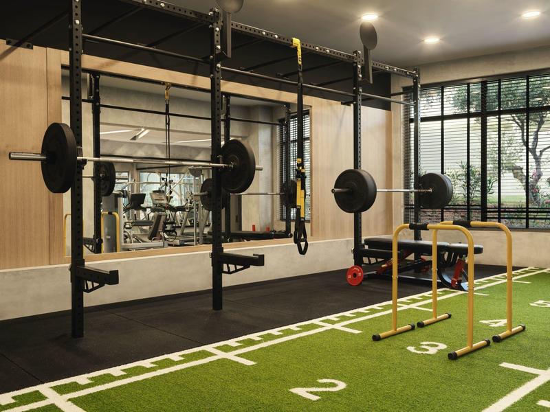 Gimnasio moderno con pesas, barra y equipos de entrenamiento sobre suelo verde.