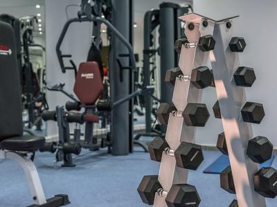Fitnessstudio mit Hanteln, Trainingsgeräten und blauem Teppichboden.