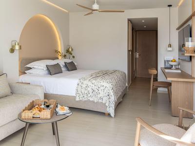 Camera d'hotel moderna con letto matrimoniale, divano accogliente e mobili in legno.