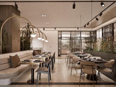 Modernes, stilvolles Hotelrestaurant mit hellen Holzmöbeln, Pflanzen und großen Fenstern.