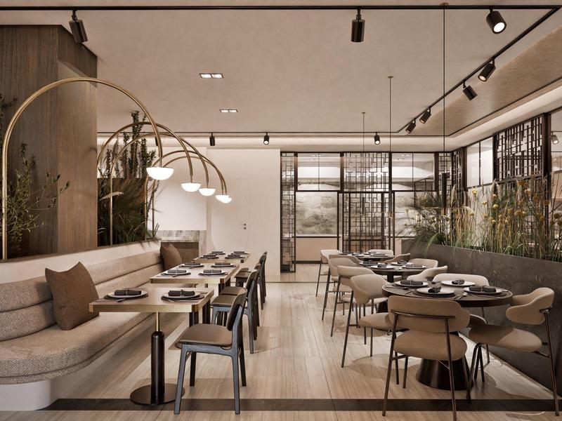 Modernes Restaurant mit bequemen Sitzplätzen, großen Fenstern und stilvoller Beleuchtung.