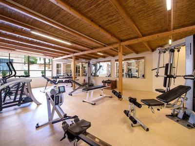 Großer Fitnessraum mit Holzbalkendecke, verschiedenen Trainingsgeräten und viel natürlichem Licht.