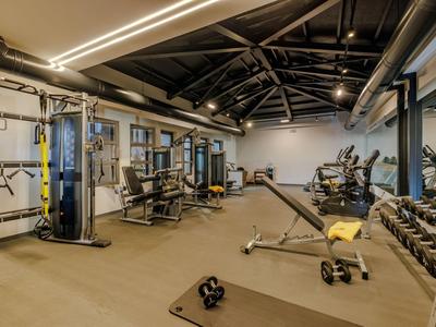 Palestra moderna con panche per pesi, vogatori e attrezzature per la forza in un hotel.