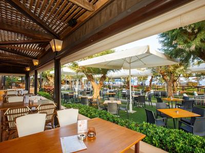 Zona exterior de un hotel con terraza cubierta, mesas, sillas y sombrillas en el jardín.
