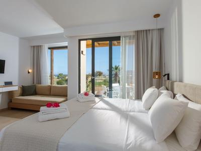 Camera d'hotel moderna con letto matrimoniale, divano, balcone e vista su area verde.