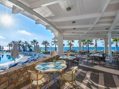 Offene Terrasse mit Tischen, Stühlen, Pool, Palmen und Meer unter blauem Himmel.